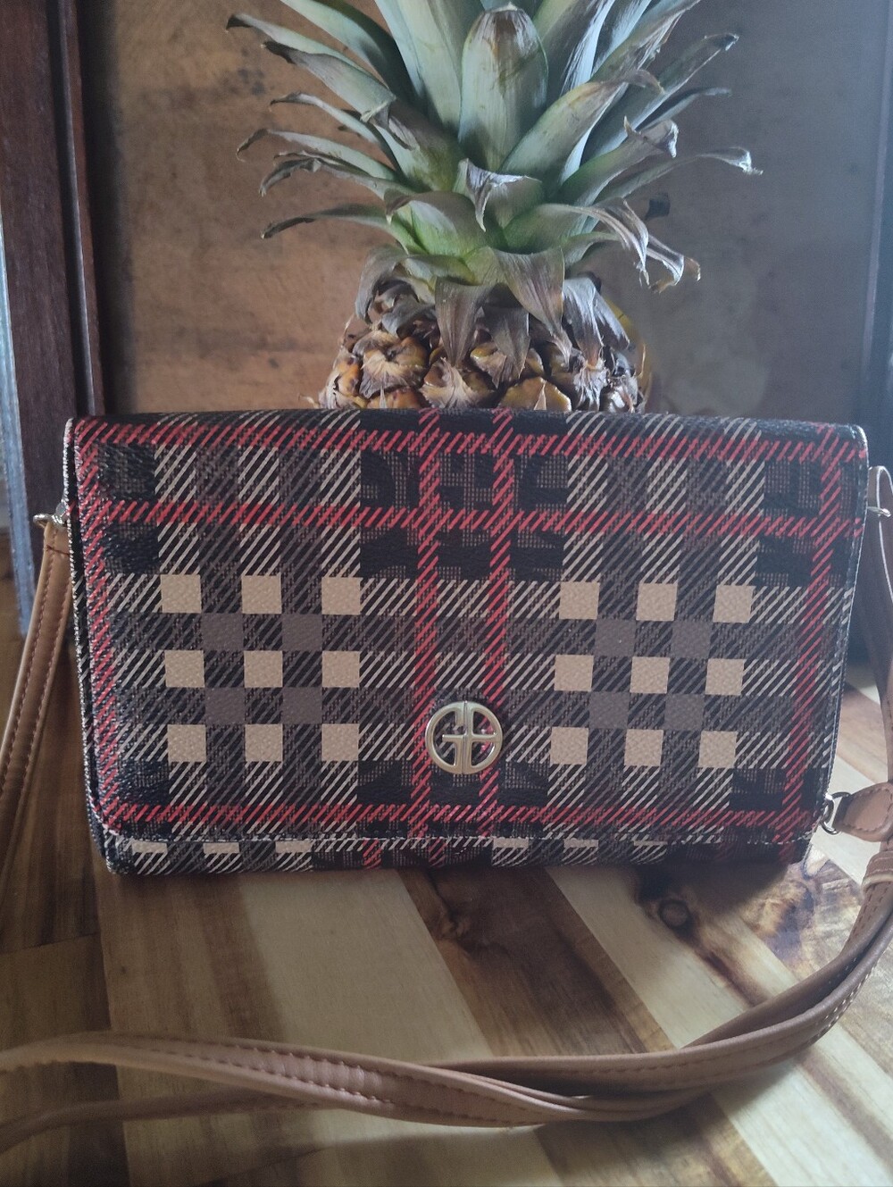 Giani Bernini Plaid Crossbody Wallet Bag in Black, Cream & Red